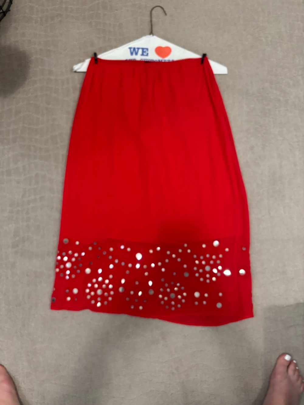 J. Crew Red Midi Skirt with Metallic Dot Detail
